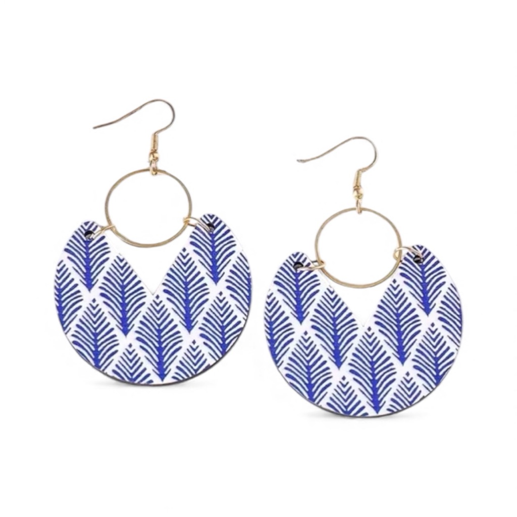 Blue Leaf Pattern Wood Dangle Earrings 16$